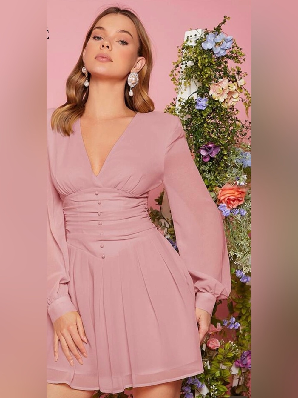 Blush pink long-sleeve dress with a deep V-neck New
